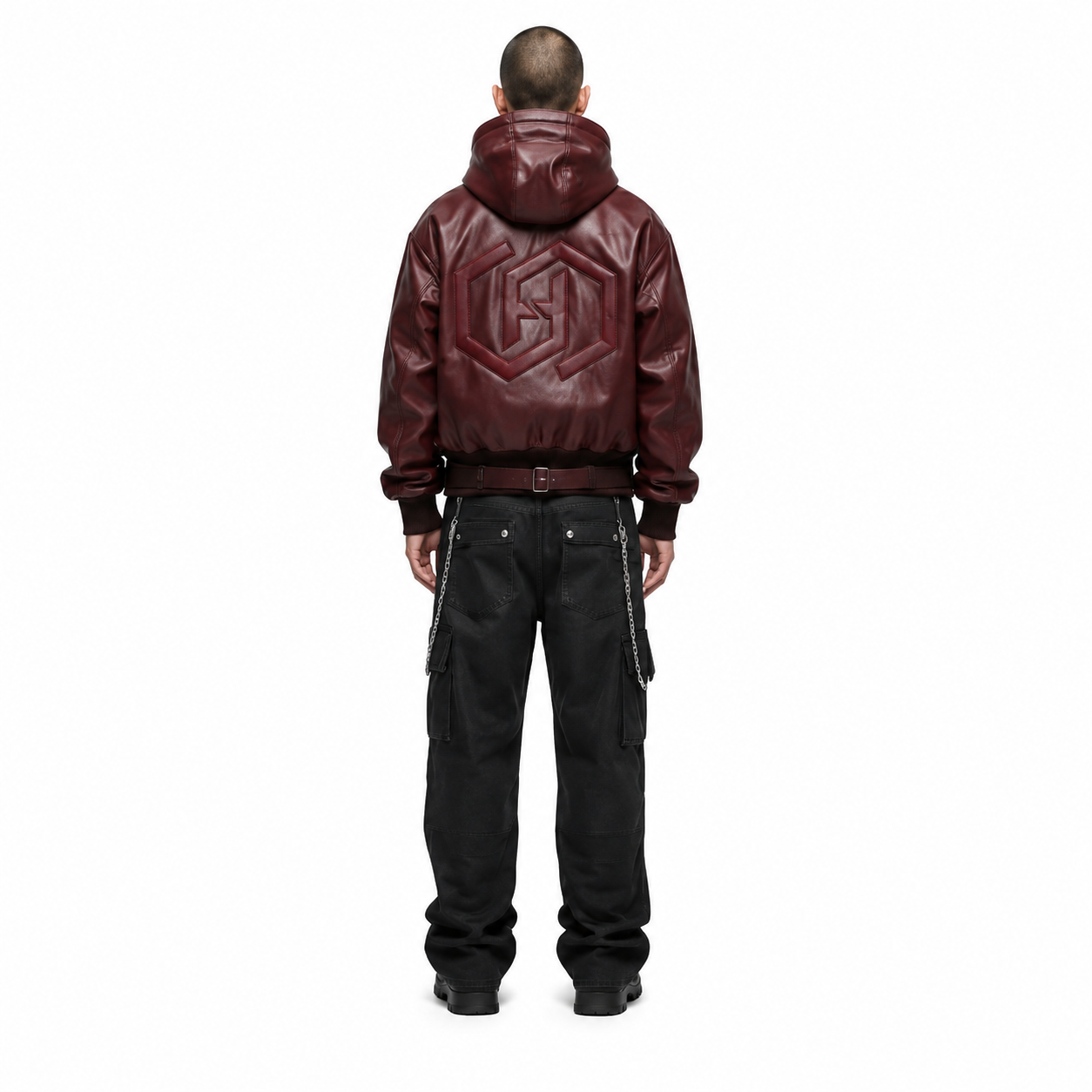 Men's Burgundy Shinki Horsehide Hooded Bomber Jacket manufacturing detail 2