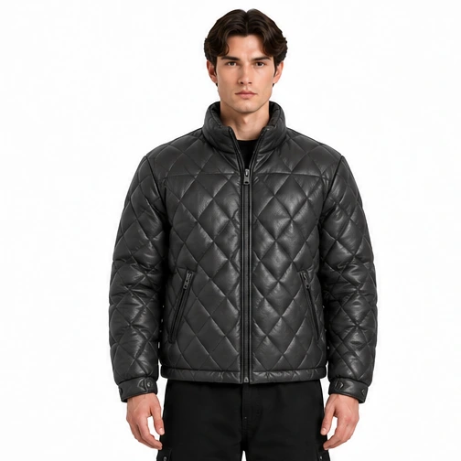 Men's Charcoal Diamond-Quilted Leather Winter Jacket - Custom Leather Manufacturer Sialkot Pakistan