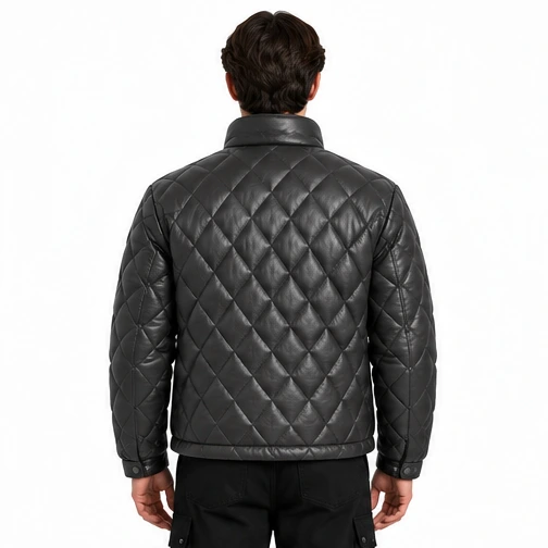 Men's Charcoal Diamond-Quilted Leather Winter Jacket manufacturing detail 2