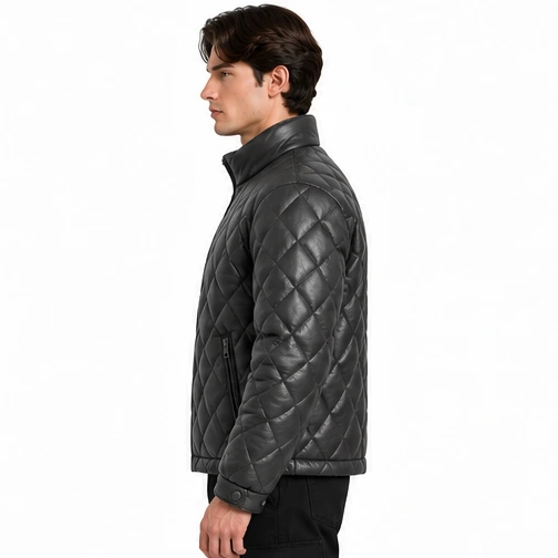 Men's Charcoal Diamond-Quilted Leather Winter Jacket manufacturing detail 3