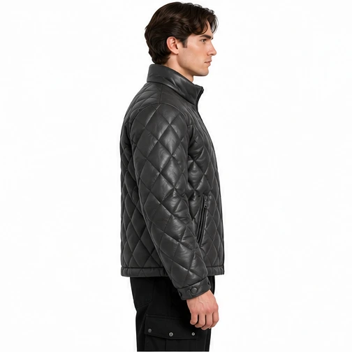 Men's Charcoal Diamond-Quilted Leather Winter Jacket manufacturing detail 4