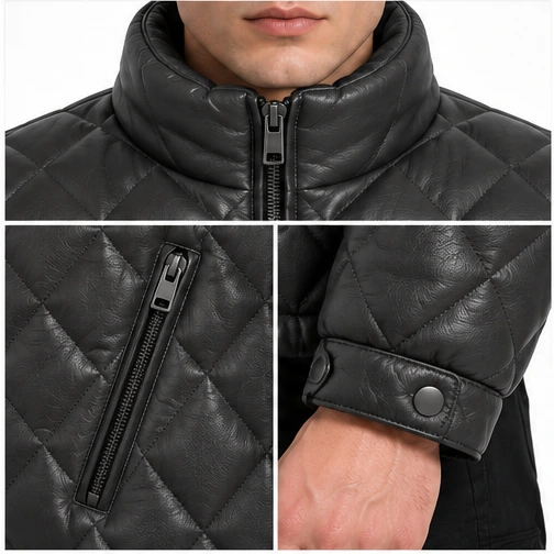 Men's Charcoal Diamond-Quilted Leather Winter Jacket manufacturing detail 5
