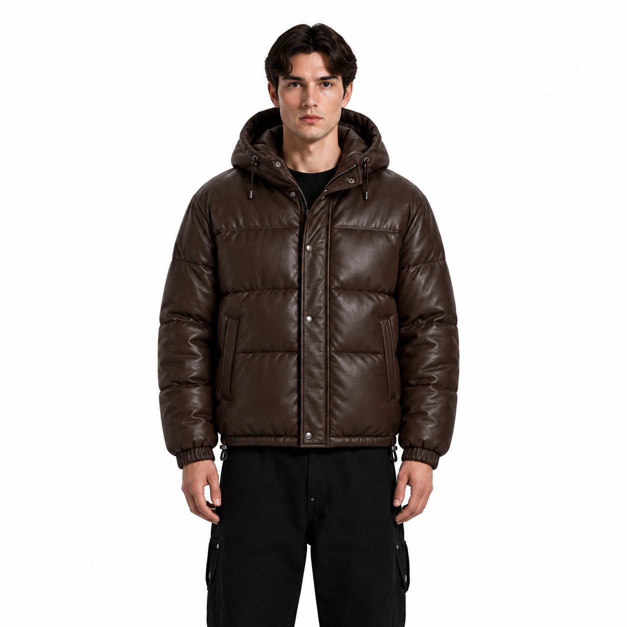 Men's Chocolate Hooded Sheep Leather Puffer Jacket