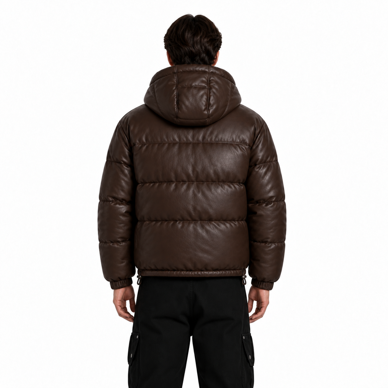 Men's Chocolate Hooded Sheep Leather Puffer Jacket manufacturing detail 2