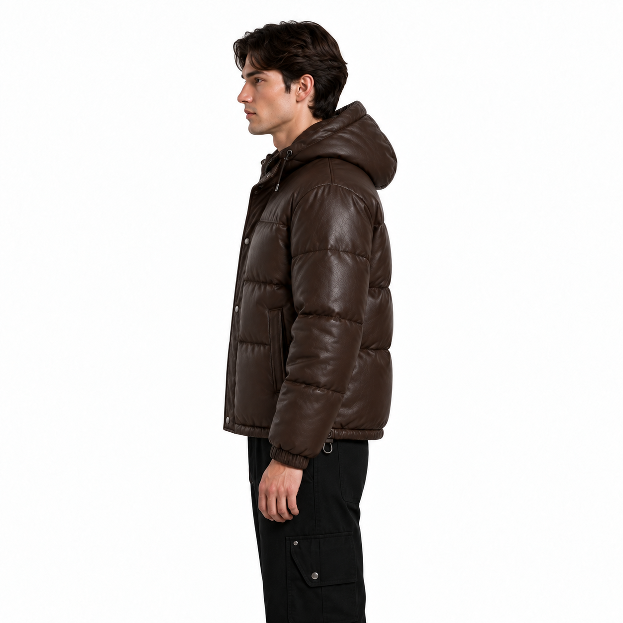 Men's Chocolate Hooded Sheep Leather Puffer Jacket manufacturing detail 3