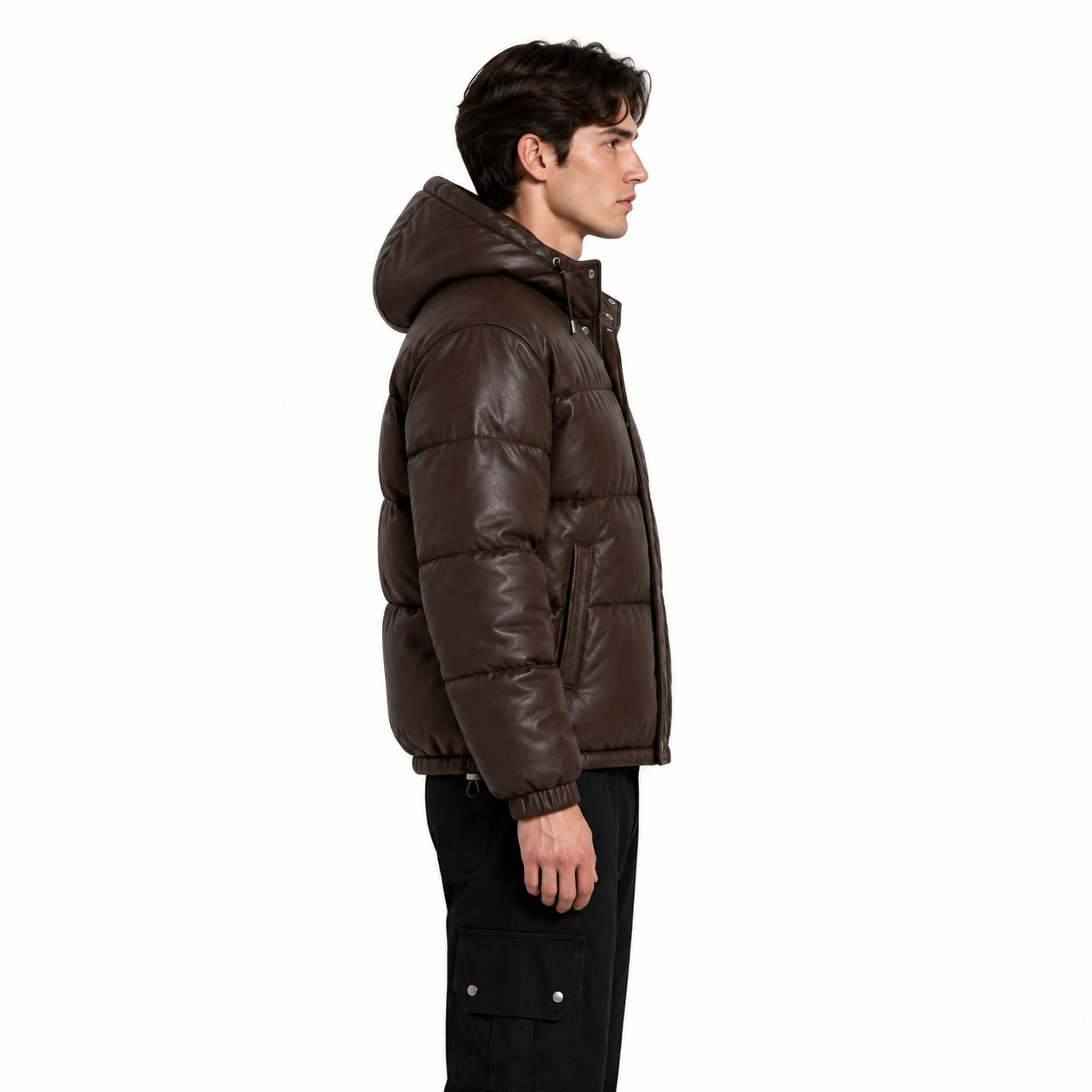Men's Chocolate Hooded Sheep Leather Puffer Jacket manufacturing detail 4