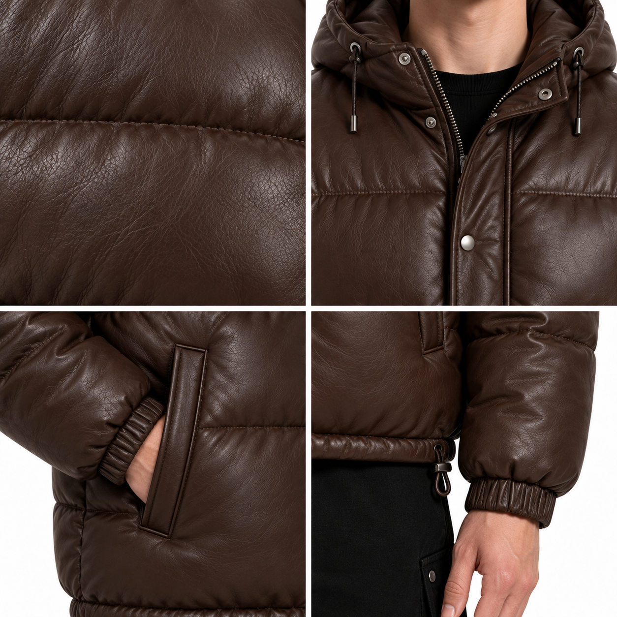 Men's Chocolate Hooded Sheep Leather Puffer Jacket manufacturing detail 5