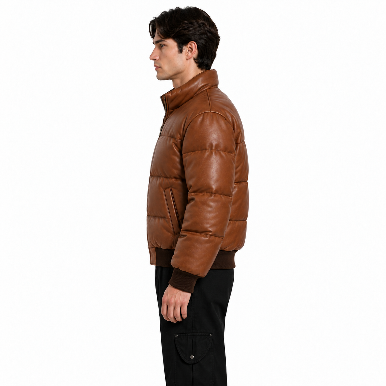 Men's Cognac Sheep Leather Bubble Bomber Jacket manufacturing detail 3