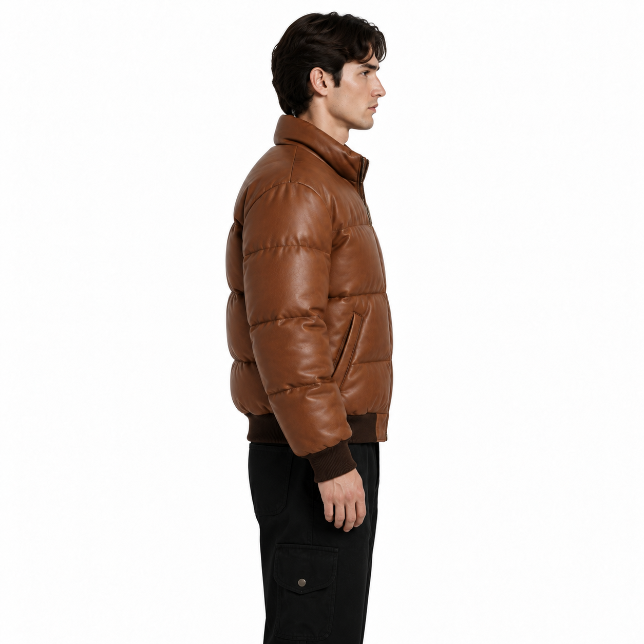 Men's Cognac Sheep Leather Bubble Bomber Jacket manufacturing detail 4