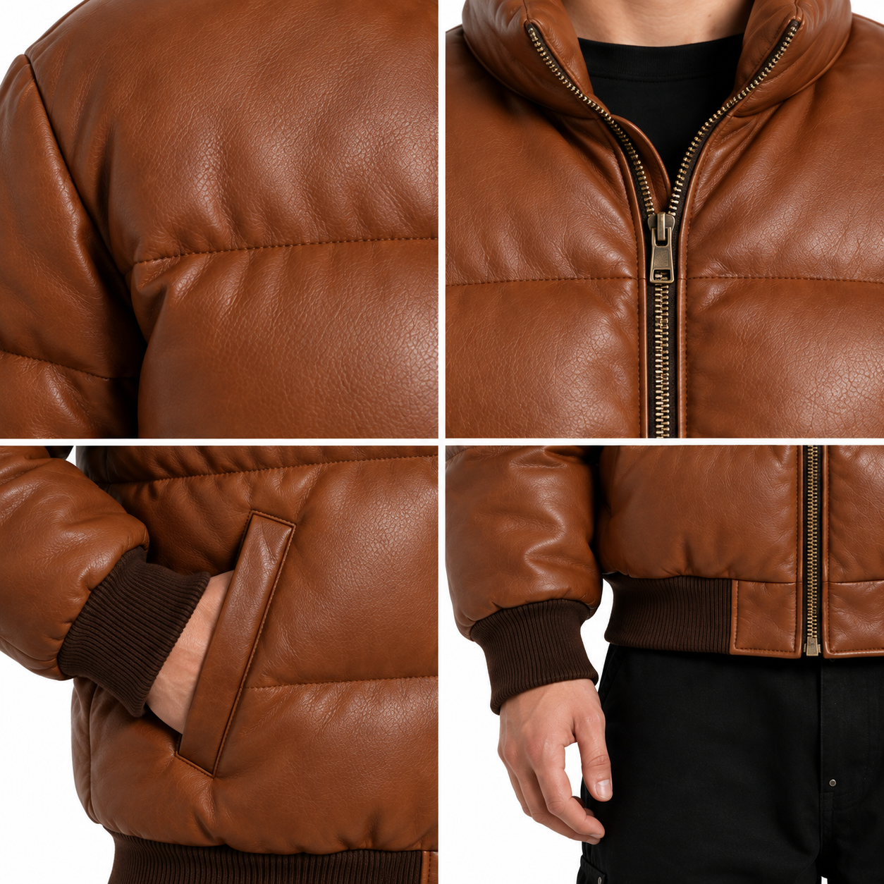 Men's Cognac Sheep Leather Bubble Bomber Jacket manufacturing detail 5