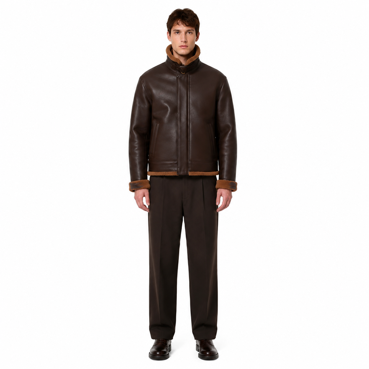 Men's Dark Brown Sheep Nappa Shearling Flight Jacket - Custom Leather Manufacturer Sialkot Pakistan