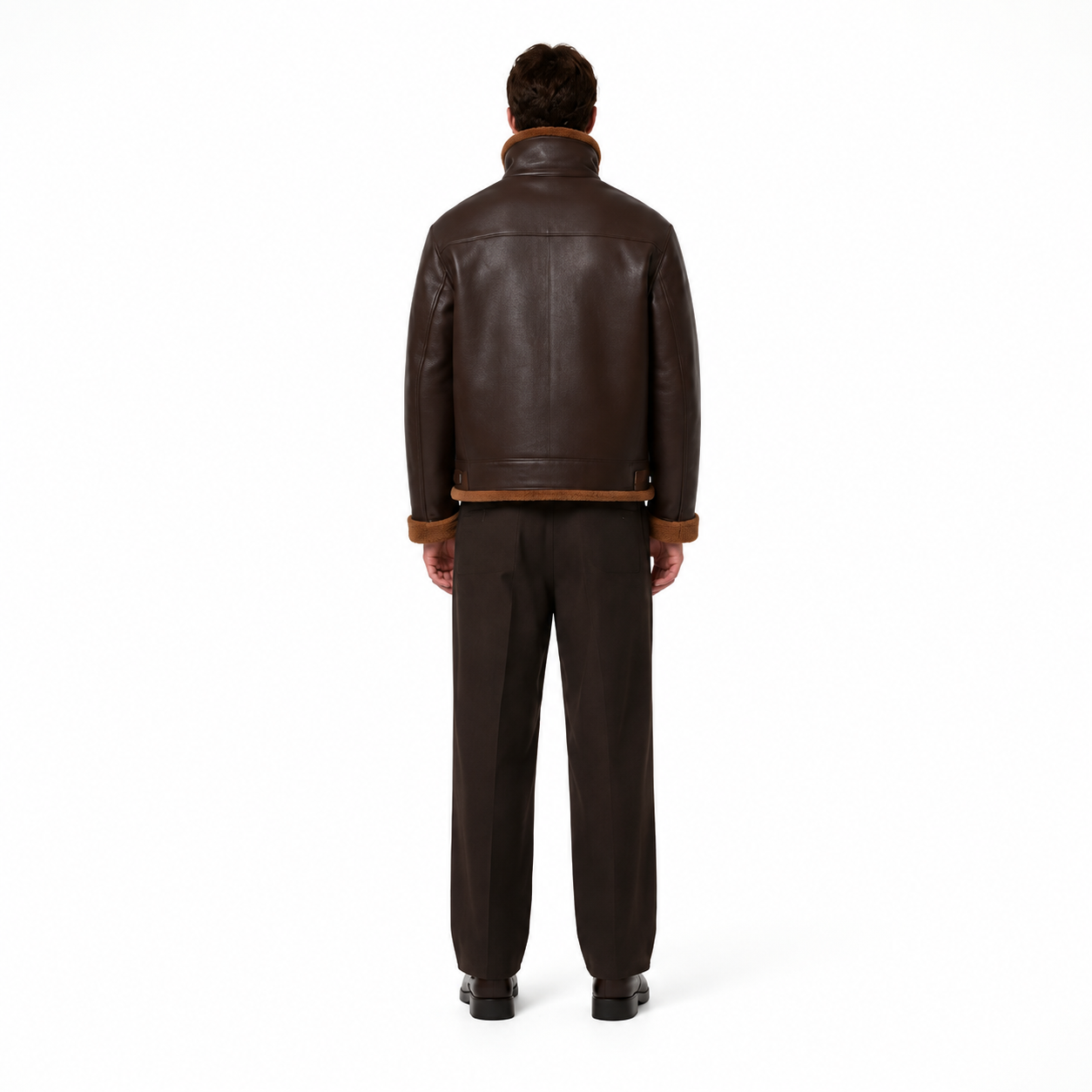 Men's Dark Brown Sheep Nappa Shearling Flight Jacket manufacturing detail 2