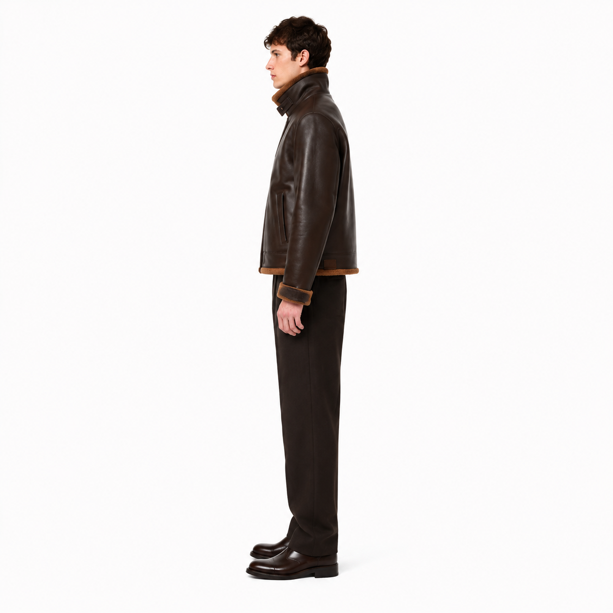 Men's Dark Brown Sheep Nappa Shearling Flight Jacket manufacturing detail 3