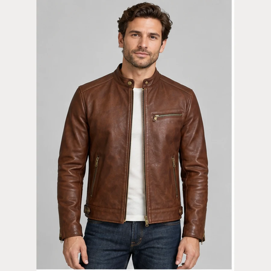 Men's Dark Cognac Goatskin Café Racer Jacket - Custom Leather Manufacturer Sialkot Pakistan