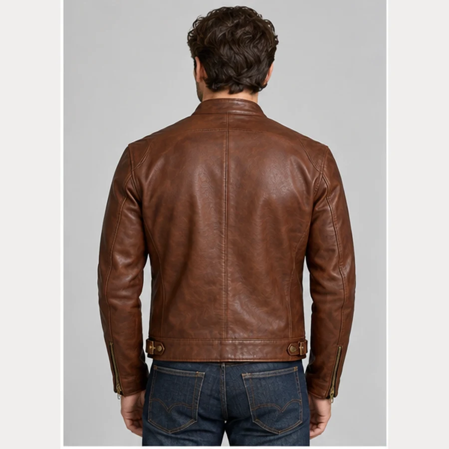Men's Dark Cognac Goatskin Café Racer Jacket manufacturing detail 2