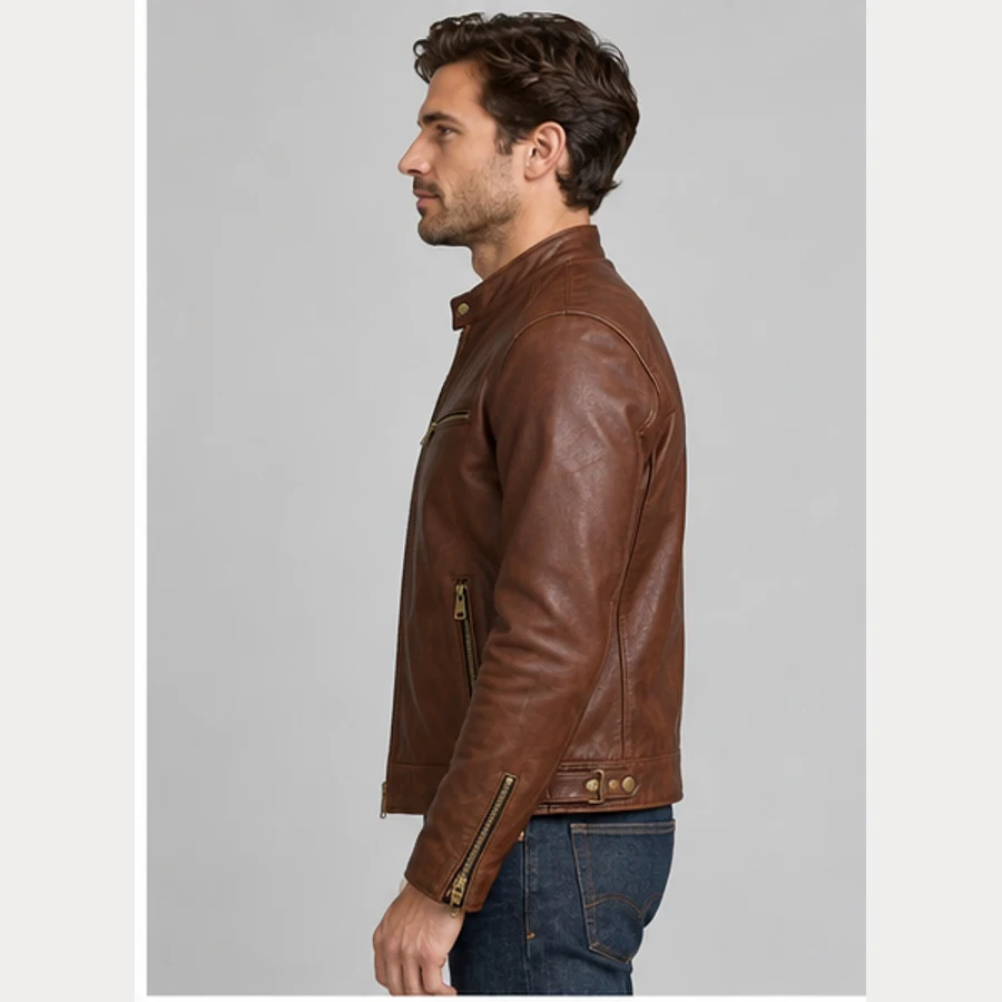 Men's Dark Cognac Goatskin Café Racer Jacket manufacturing detail 3