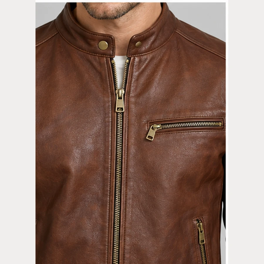 Men's Dark Cognac Goatskin Café Racer Jacket manufacturing detail 4