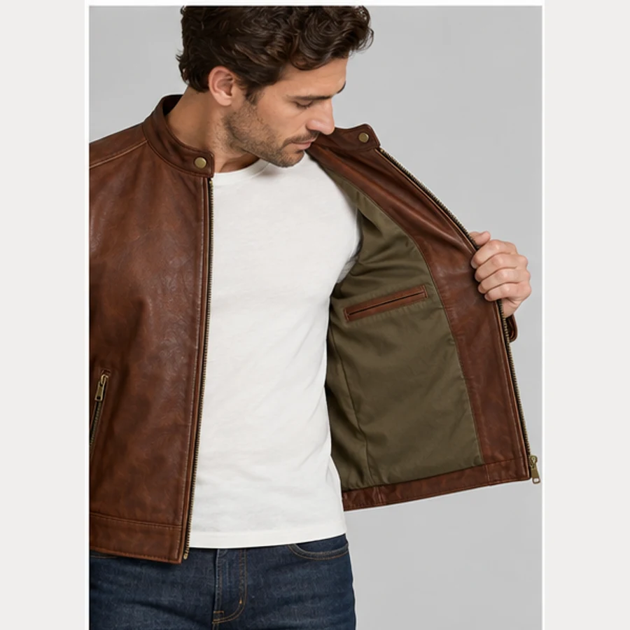 Men's Dark Cognac Goatskin Café Racer Jacket manufacturing detail 5