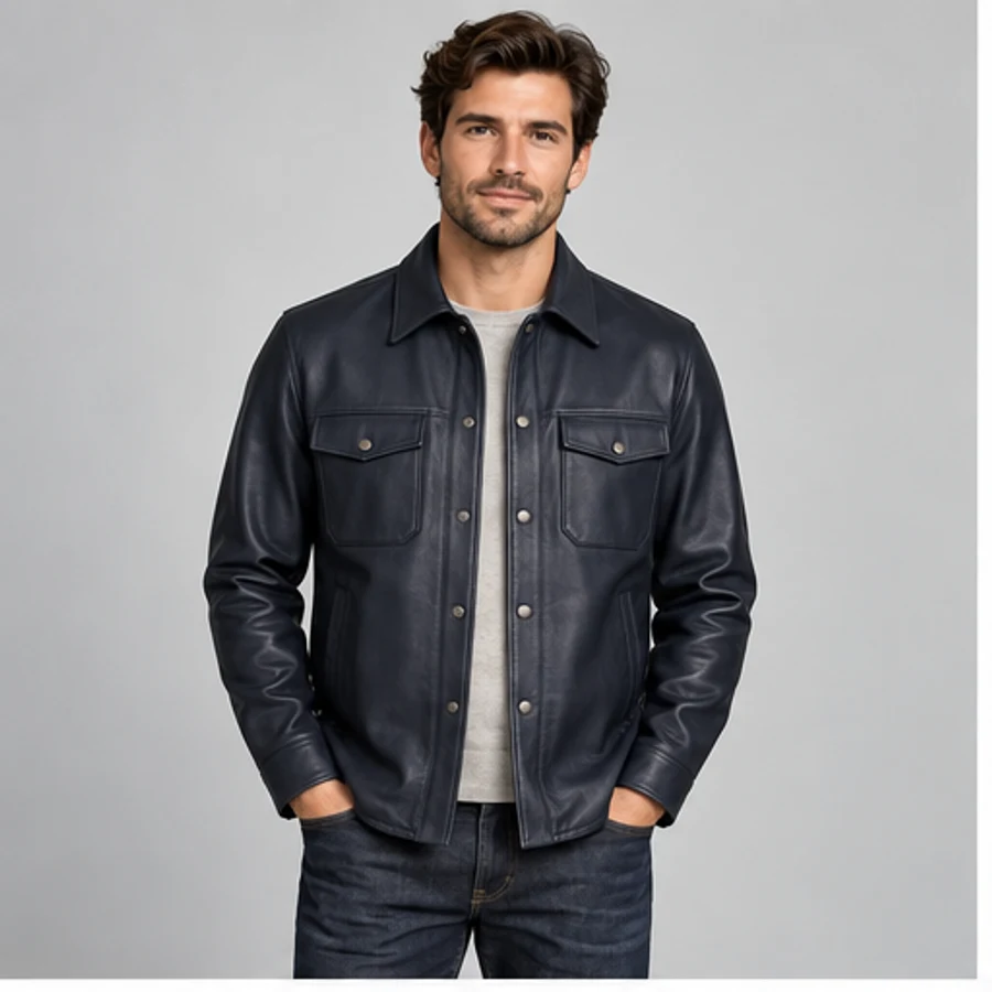 Men's Deep Navy Lambskin Leather Shirt Jacket - Custom Leather Manufacturer Sialkot Pakistan