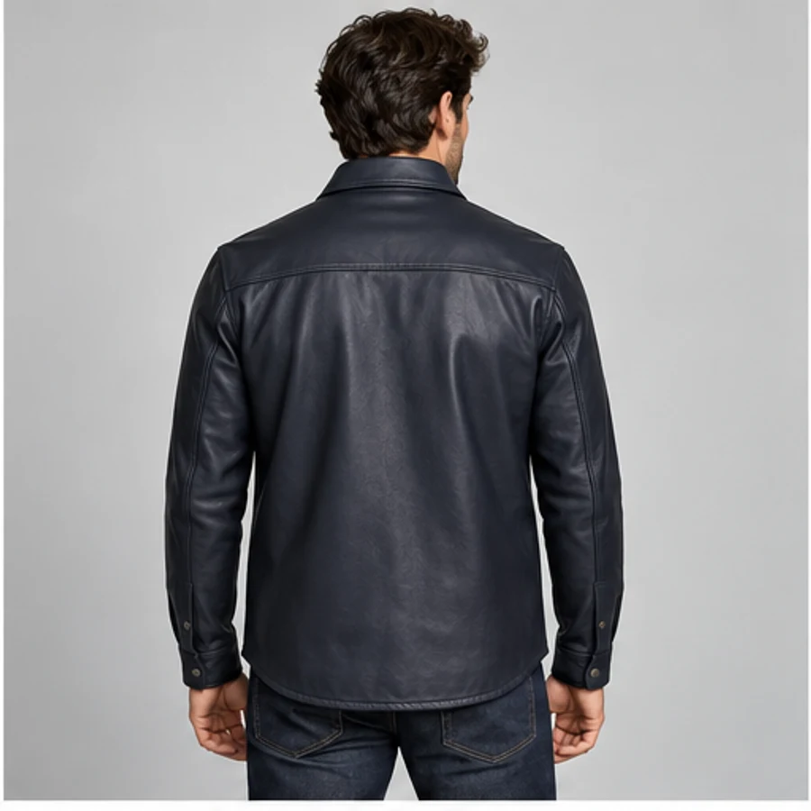 Men's Deep Navy Lambskin Leather Shirt Jacket manufacturing detail 2