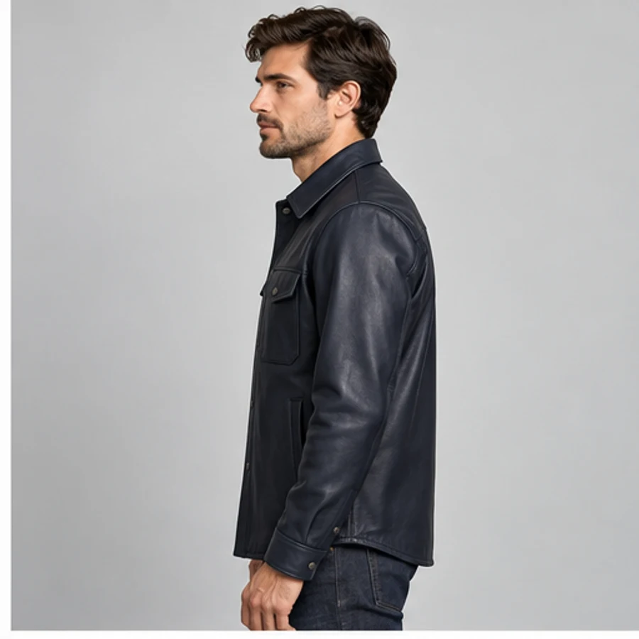 Men's Deep Navy Lambskin Leather Shirt Jacket manufacturing detail 3