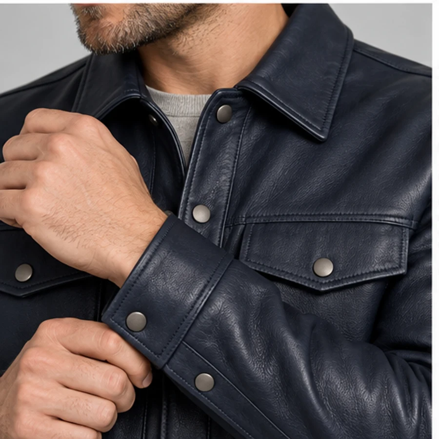 Men's Deep Navy Lambskin Leather Shirt Jacket manufacturing detail 4