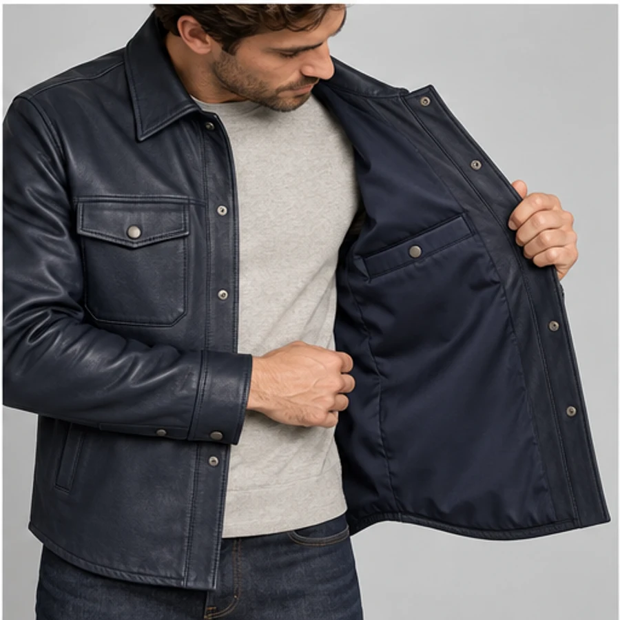 Men's Deep Navy Lambskin Leather Shirt Jacket manufacturing detail 5