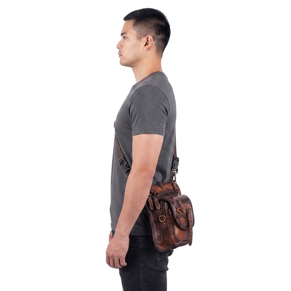 Men's Distressed Buffalo Leather Crossbody Utility Bag manufacturing detail 2