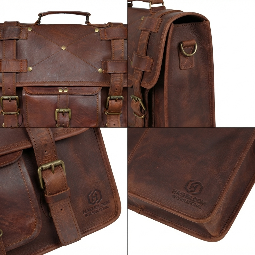 Men's Full-Grain Distressed Leather Satchel Messenger Bag manufacturing detail 4
