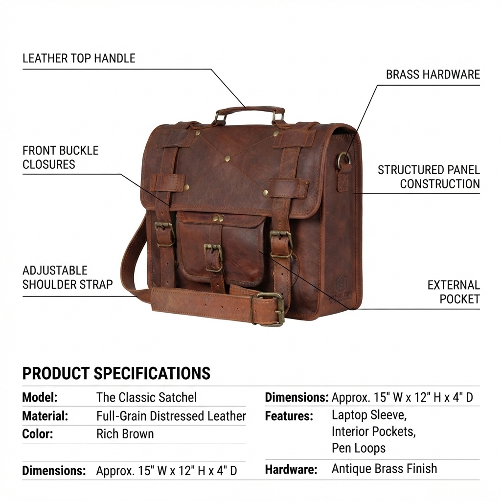 Men's Full-Grain Distressed Leather Satchel Messenger Bag manufacturing detail 5