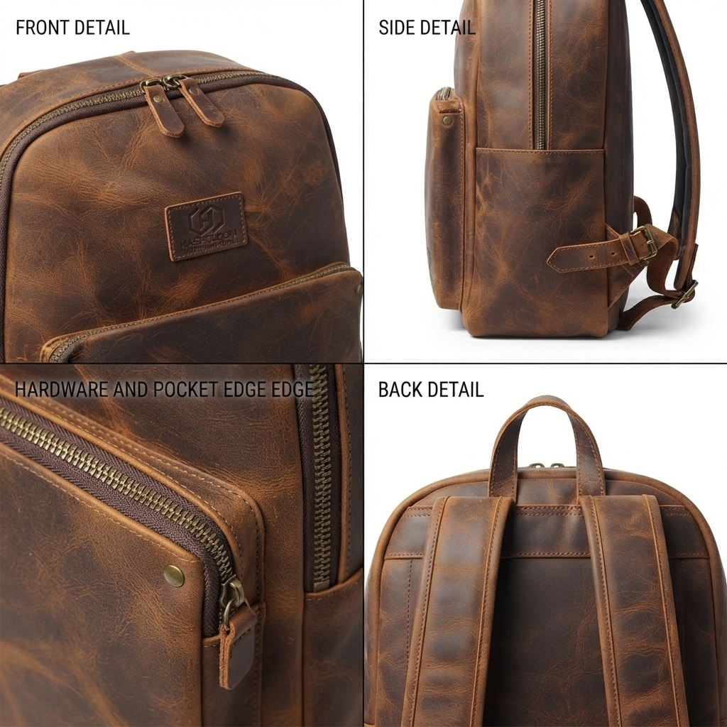 Men's Full-Grain Distressed Leather Travel Laptop Backpack manufacturing detail 4