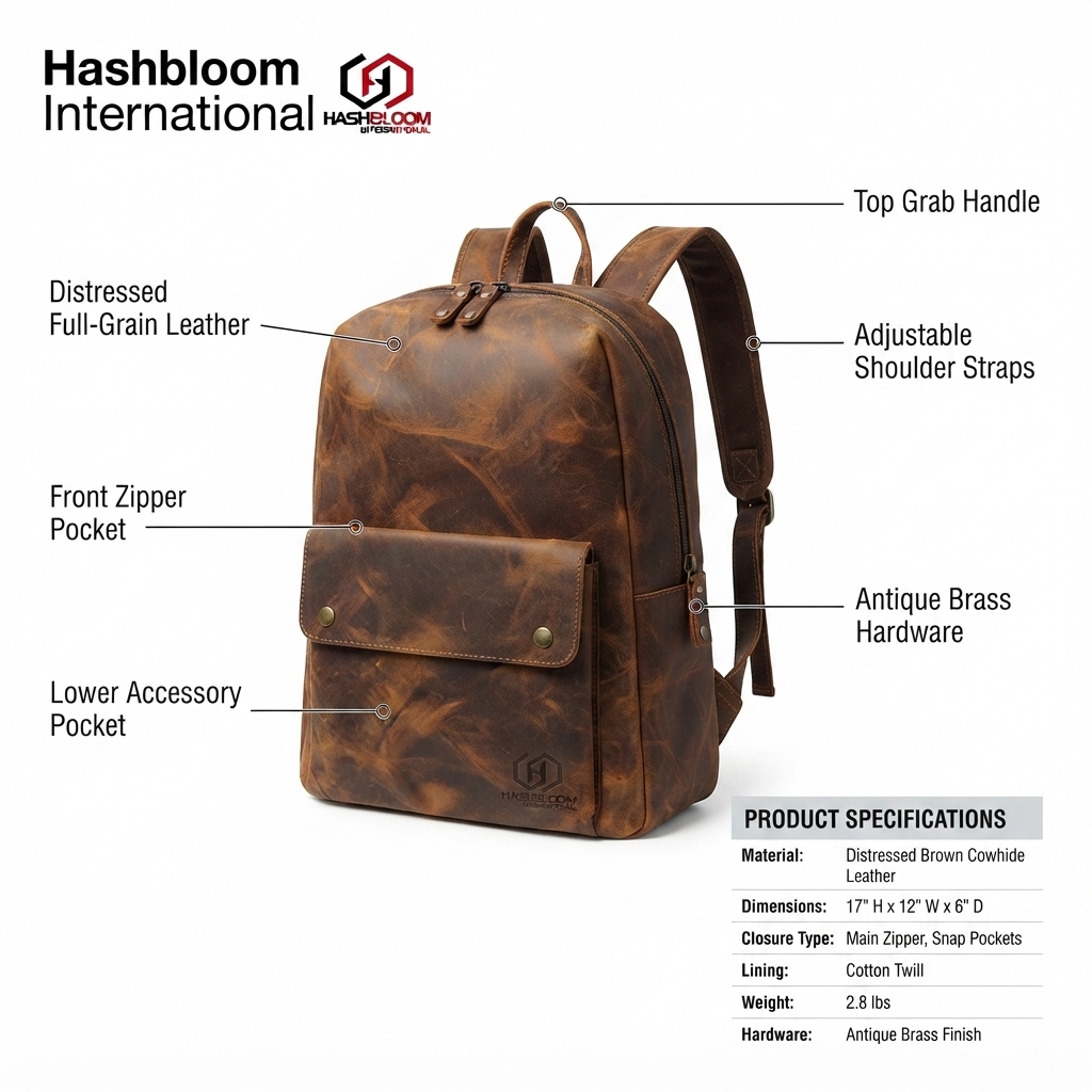 Men's Full-Grain Distressed Leather Travel Laptop Backpack manufacturing detail 5