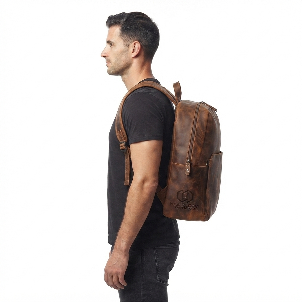 Men's Full-Grain Distressed Leather Travel Laptop Backpack manufacturing detail 3