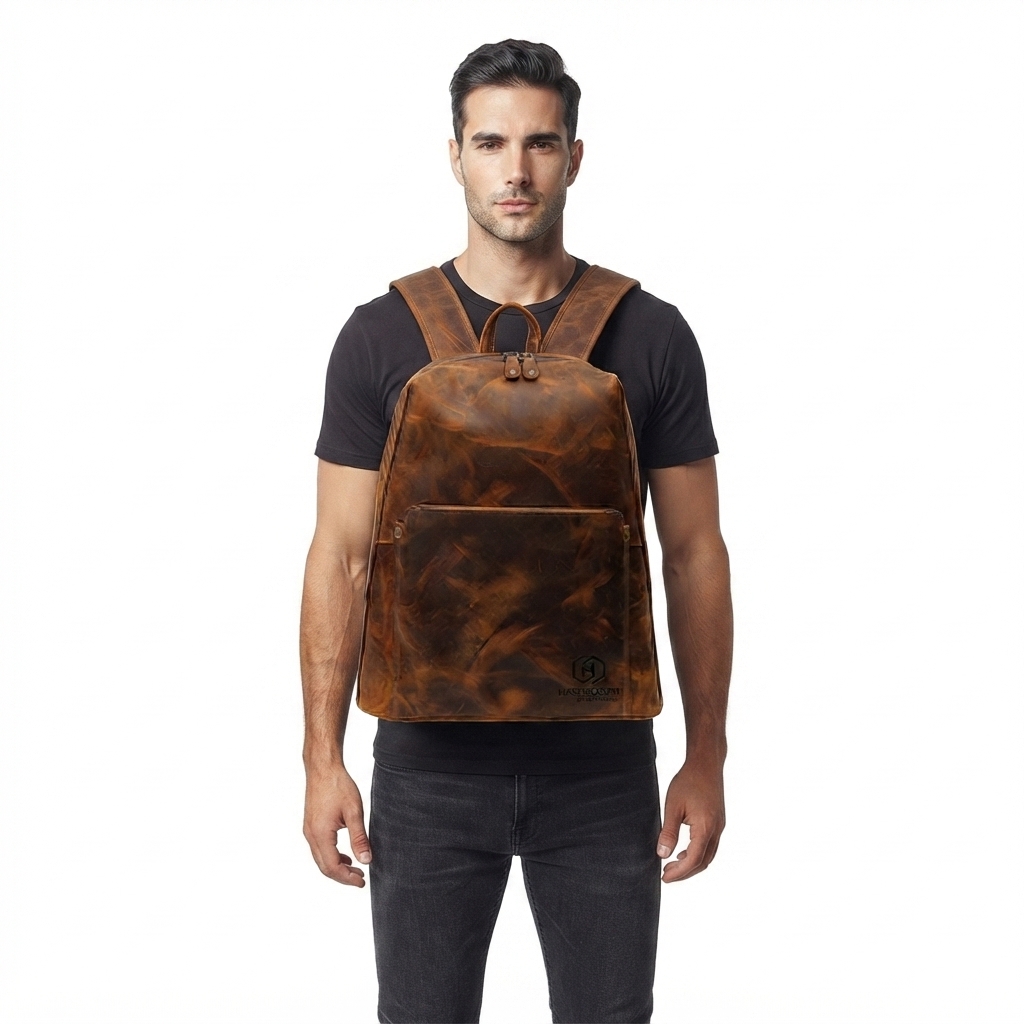 Men's Full-Grain Distressed Leather Travel Laptop Backpack - Custom Leather Manufacturer Sialkot Pakistan