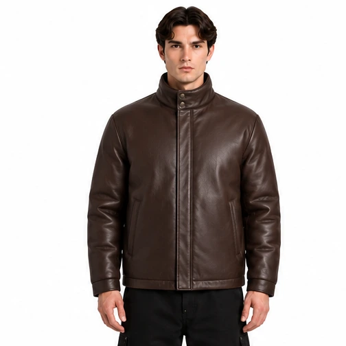 Men's Espresso Funnel-Neck Leather Winter Jacket - Custom Leather Manufacturer Sialkot Pakistan