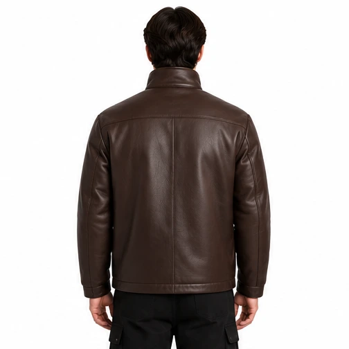 Men's Espresso Funnel-Neck Leather Winter Jacket manufacturing detail 2