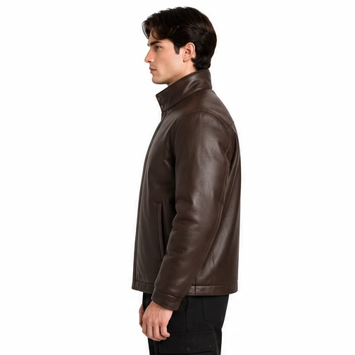 Men's Espresso Funnel-Neck Leather Winter Jacket manufacturing detail 3