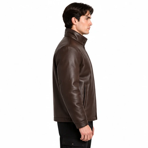 Men's Espresso Funnel-Neck Leather Winter Jacket manufacturing detail 4