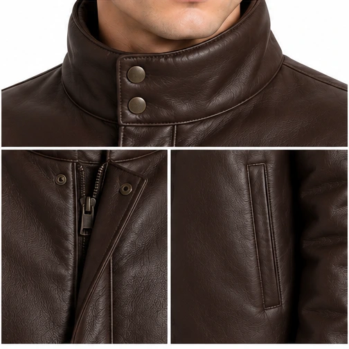 Men's Espresso Funnel-Neck Leather Winter Jacket manufacturing detail 5