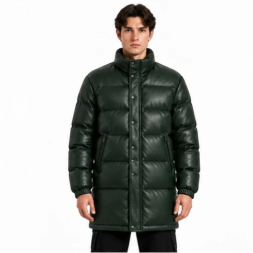 Men's Forest Green Longline Sheep Leather Puffer Jacket - Custom Leather Manufacturer Sialkot Pakistan
