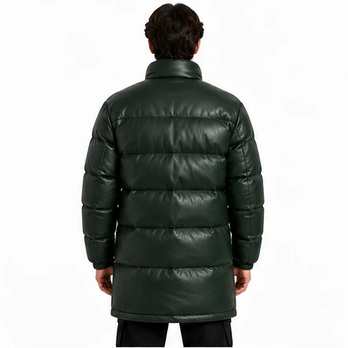 Men's Forest Green Longline Sheep Leather Puffer Jacket manufacturing detail 2