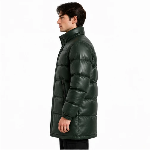 Men's Forest Green Longline Sheep Leather Puffer Jacket manufacturing detail 3