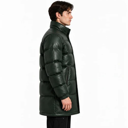 Men's Forest Green Longline Sheep Leather Puffer Jacket manufacturing detail 4