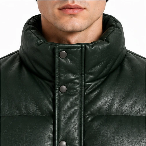 Men's Forest Green Longline Sheep Leather Puffer Jacket manufacturing detail 5