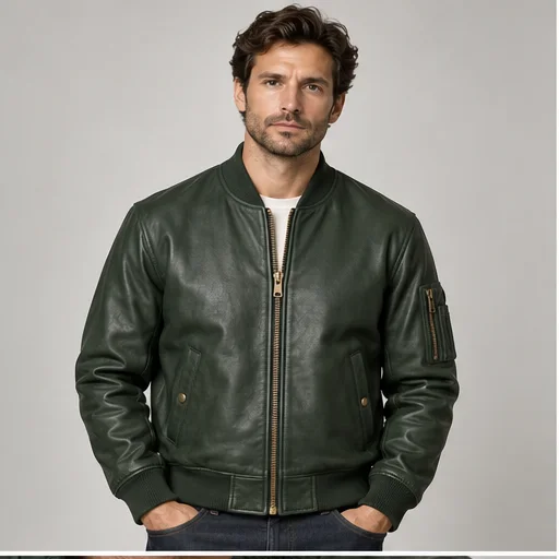 Men's Forest Green Sheep Nappa Leather Bomber - Custom Leather Manufacturer Sialkot Pakistan