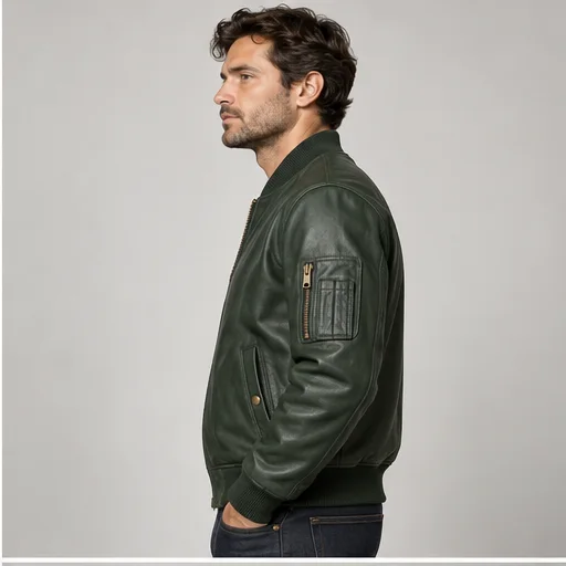 Men's Forest Green Sheep Nappa Leather Bomber manufacturing detail 3