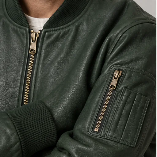 Men's Forest Green Sheep Nappa Leather Bomber manufacturing detail 4