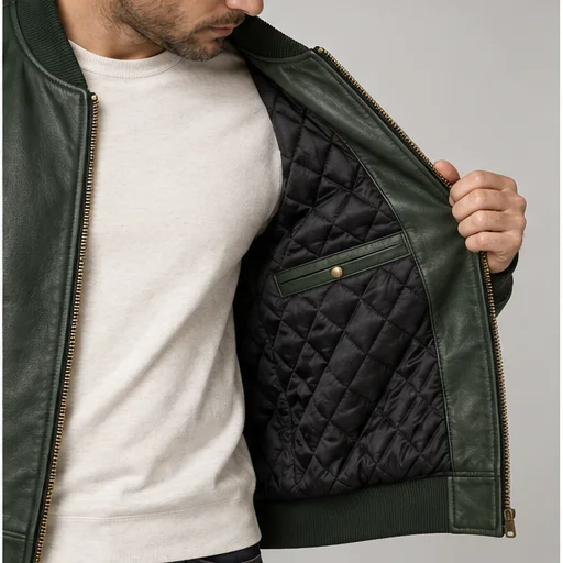 Men's Forest Green Sheep Nappa Leather Bomber manufacturing detail 5