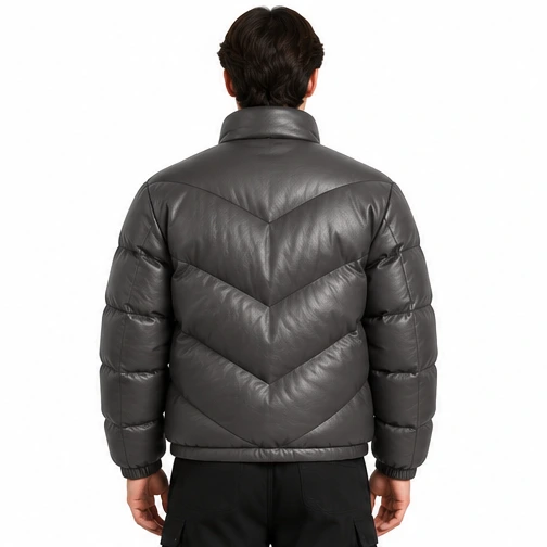 Men's Graphite Chevron Sheep Leather Puffer Jacket manufacturing detail 2