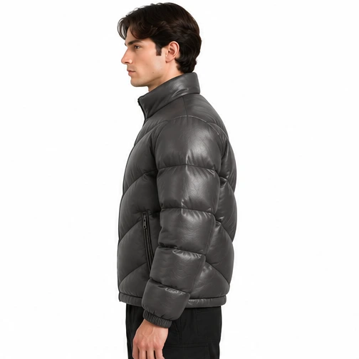 Men's Graphite Chevron Sheep Leather Puffer Jacket manufacturing detail 3